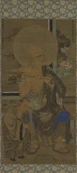 Arhat (Handaka Sonja - Panthaka) assis; un disciple avec des fleurs de lotus à sa droite, période Nanbokucho, milieu du XIVe siècle